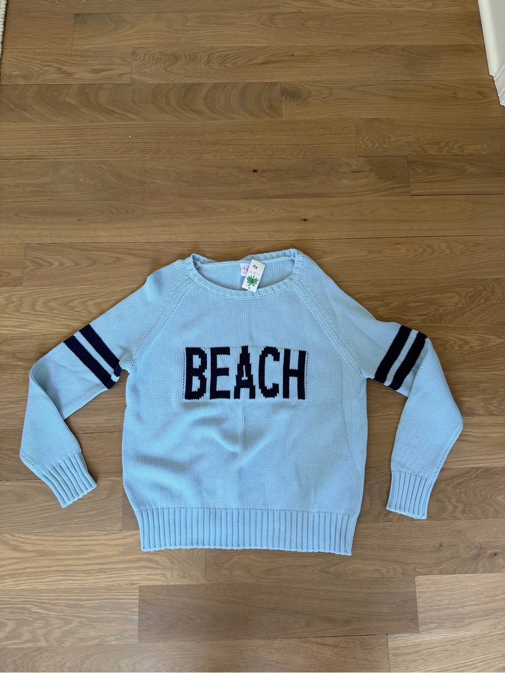 Light Blue 'BEACH' Crewneck Sweater with Navy Accents